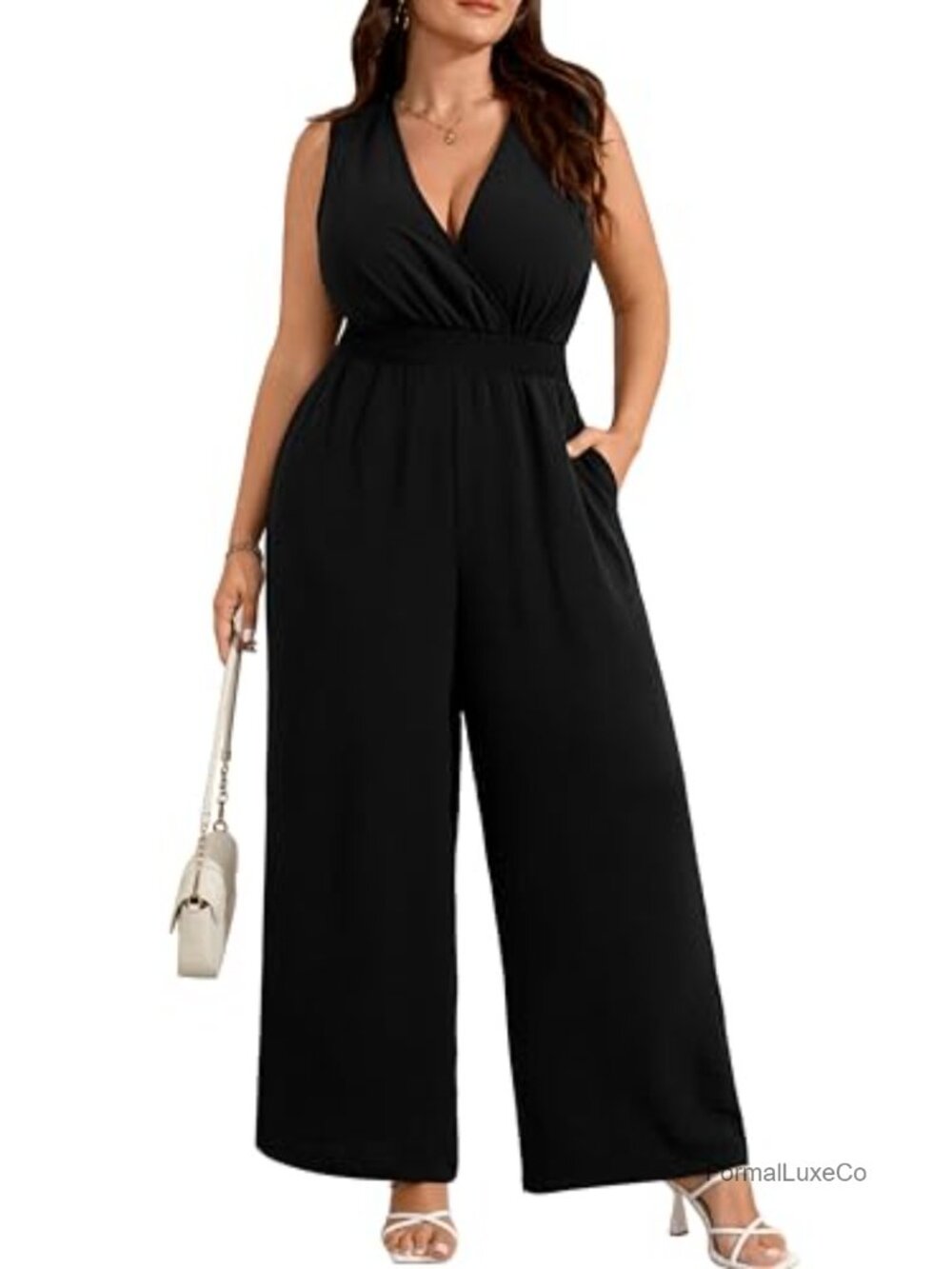 Plus Size Sleeveless Wide Leg Jumpsuit V-Neck Wedding Guest